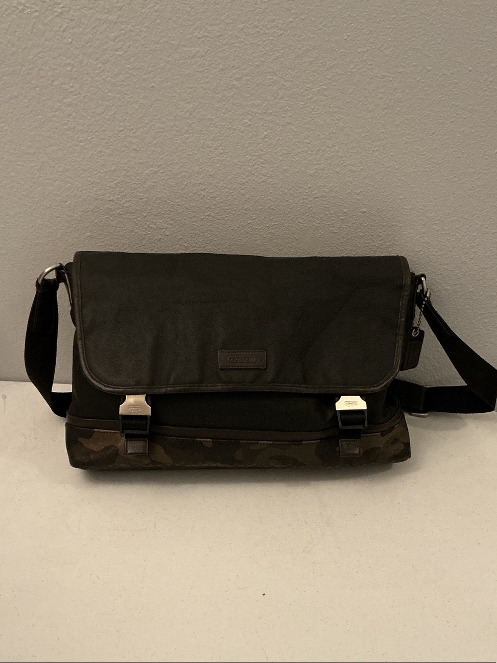 Coach Men's Black Messenger Bag with Camo Trim